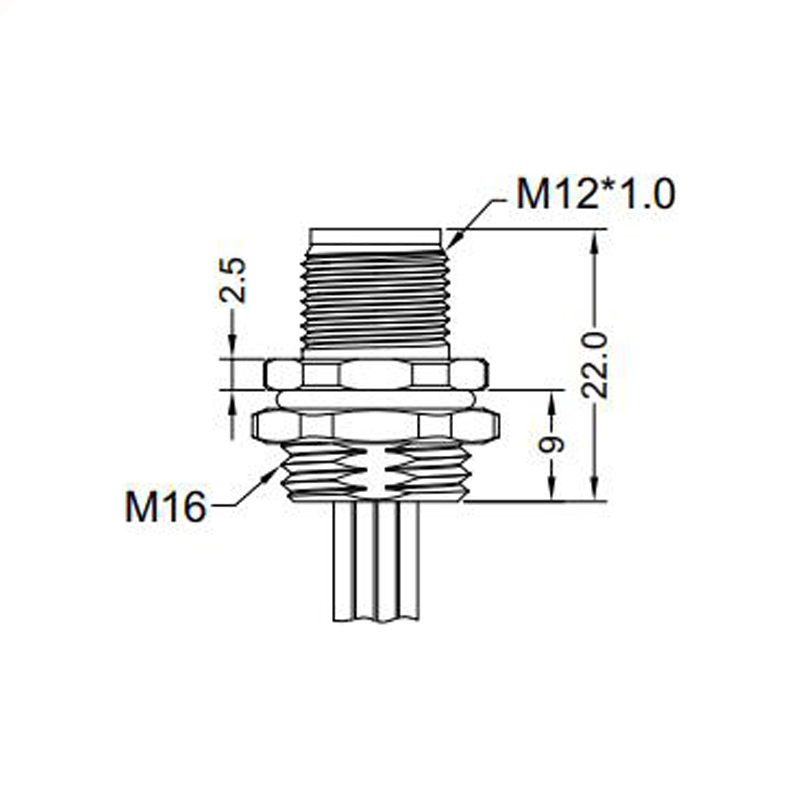 M12 3pins A code male straight rear panel mount connector M16 thread,unshielded,single wires,brass with nickel plated shell